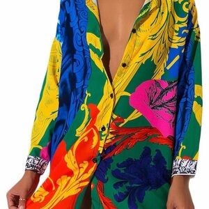 Modern Long Sleeve Shirt Dress Women’s S Resortwear Vacation Cover Up Artsy